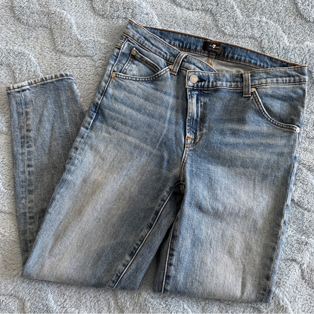 7 For All Mankind Womens Blue Denim Criss Cross Waist Women’s Jeans Size 30
